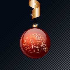 Merry Christmas red ball with gold ribbon. Vector illustration.