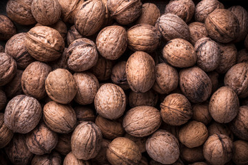 Overhead walnuts closeup large group in shell on dark background in studio