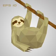 Sloth low poly. A lazy animal hangs on a branch and holds a paw.Low polygonal. Vector illustration. © Eseninstudio