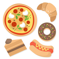 Set of bakery products pizza, hot dog, croissant, donut and cake