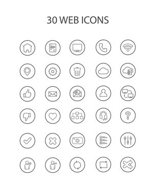 30 Grey Web Icons with Hollow Round, Vector, Illustration