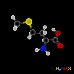 Methionine model molecule. Isolated on black background. Luminance effect.