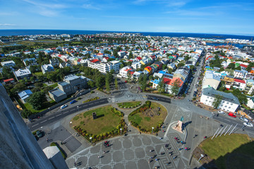 View of the central Reykjavik city in summerfrom the top of Hallgrimskirkja church, Iceland.