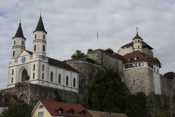 Fototapeta na wymiar Aarburg Castle on the Aare River in Canton Aarau, Switzerland (large stitched file)
