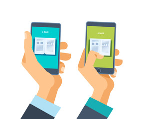 Online learning and education, e-book. Hand holds phone with software.