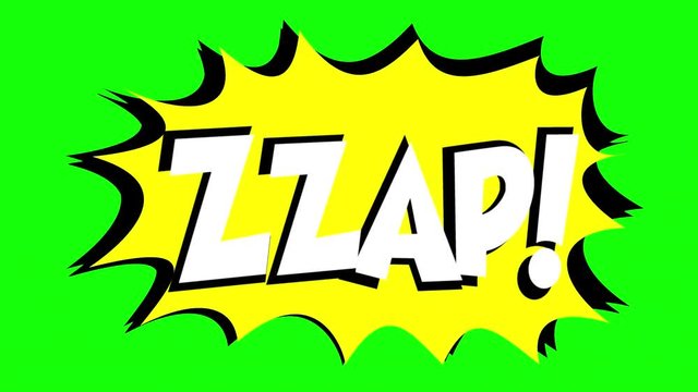 A comic strip speech bubble cartoon animation, with the words Gulp Zzap. White text, yellow shape, green background.
