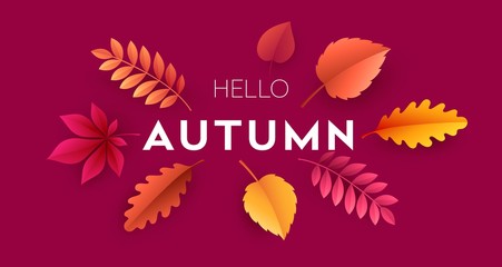 Fashionable modern autumn background with bright autumn leaves for design of posters, flyers, banners.  Vector illustration