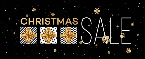 Christmas sale background with gifts boxes with gold bow. Template for postcard, booklet, leaflets, poster. Vector illustration