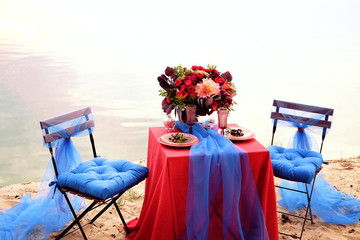 Dinner for two. Romantic table setting for a couple of lovers.