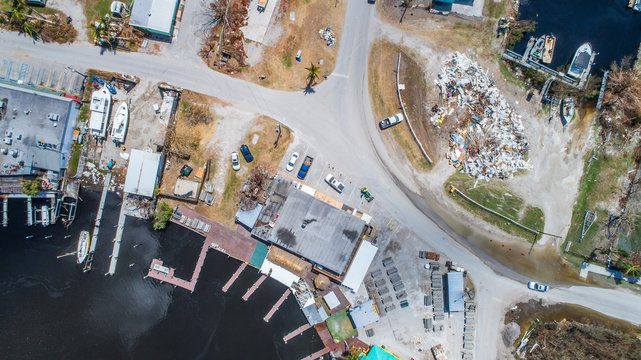 Aerial images of post hurricane Irma damage over Goodland, Florida. A small fishing village on the southwest coast near Naples