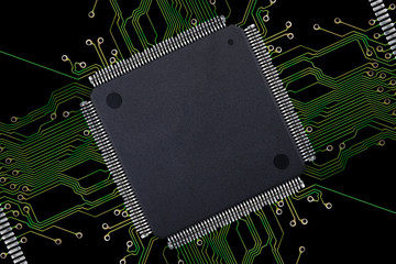 Large Blank Integrated Circuit with Connections on Black Background