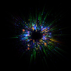Abstract spacescape, black hole. Star on dark background. Magic explosion star with particles. .Speed of light. Motion blur. Journey to the universe. Lights trail using zoom. light warp speed. Nebula