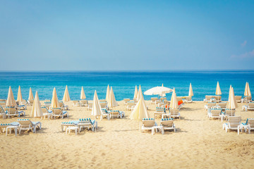 Resort tropical sea beach. Summer vacation on beach in Turkey. Alanya beach - obrazy, fototapety, plakaty