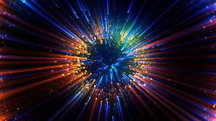 Abstract spacescape, black hole. Star on dark background. Magic explosion star with particles. Speed of light. Motion blur. Journey to the universe. Lights trail using zoom.  light warp speed. Nebula - obrazy, fototapety, plakaty