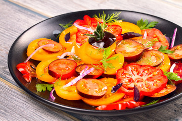 Tomato, basil, parsley, dill and onion salad, vertical