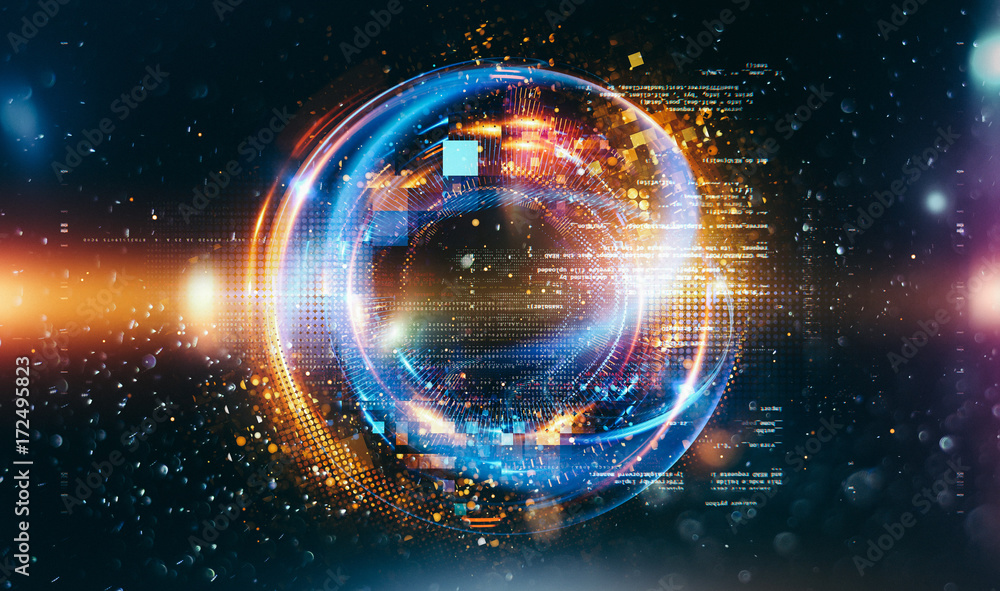 Poster abstract background. 3d atom model. elegant glowing circle. light ring. sparking particle. space tun