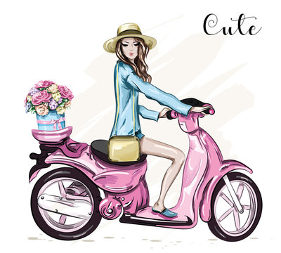 Beautiful young girl in hat with cute pink scooter. Girl scooter with flower box. Sketch. Vector illustration.