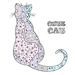 Cat. Design Zentangle. Hand drawn cat with abstract patterns on isolation background. Design for spiritual relaxation for adults. Outline for tattoo, printing on t-shirts, posters and other