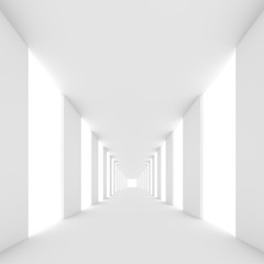 Futuristic empty white corridor with walls and bright light. 3D Rendering.