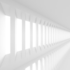 Futuristic empty white corridor with rectangular walls and windows. 3D Rendering.