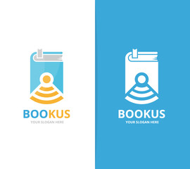 Vector book and wifi logo combination. Novel and signal symbol or icon. Unique bookstore, library and radio, internet logotype design template.