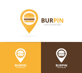 Vector burger and map pointer logo combination. Hamburger and gps locator symbol or icon. Unique fastfood and pin logotype design template.