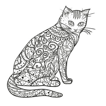 Cat. Design Zentangle. Hand drawn cat with abstract patterns on isolation background. Design for spiritual relaxation for adults.  Black and white illustration. Printing on t-shirts