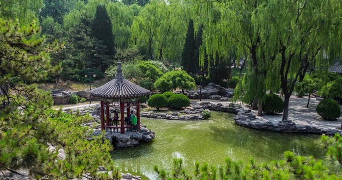 Chinese Pavillion on a lake in Ritan Park, Beijing, China (Timelapse) May 8th 2017 between 15:00 and 16:00