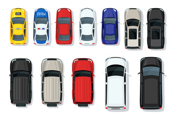Set of vector cars top view. Flat style city transport. Vehicle icons isolated. Multicolor car illustration from top. Street traffic and transport elements. - 172517614