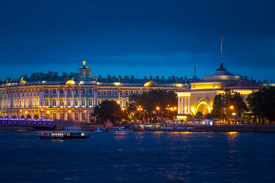 St. Petersburg. View of the Hermitage. Neva River. Petersburg in the evening.