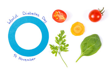 Blue circle as symbol of world diabetes day and fresh vegetables, healthy nutrition during disease