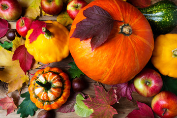 Red apples, pumpkins and colorful fall leaves, top view