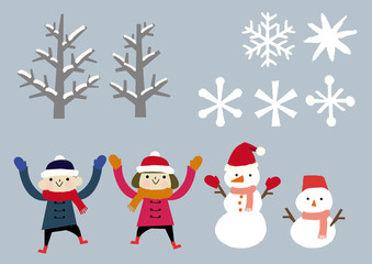 冬の素材　パーツ　子供と雪だるま