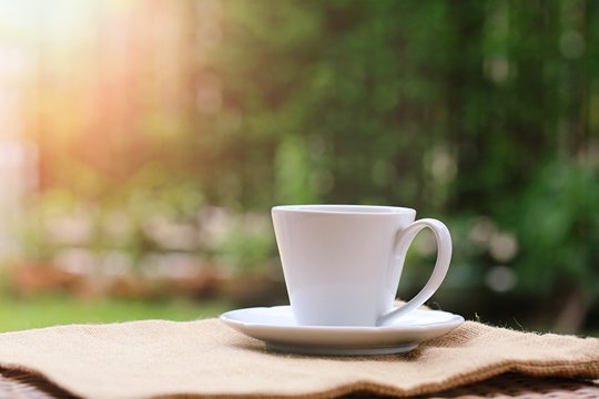 Morning coffee closeup outdoor garden blur background
