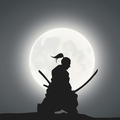 A Japanese Swordsman Under The Moonlight 