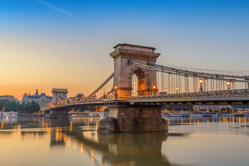 Budapest sunrise city skyline at Chain Bridge, Budapest, Hungary