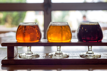 Close up of beer tasting glasses at a local microbrewery