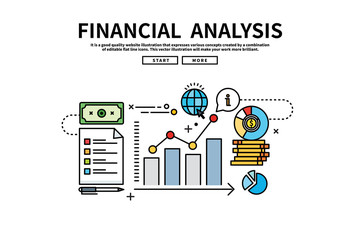 Flat line vector editable graphic illustration, business finance concept, financial analysis