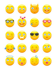 Cute cartoon emoticons. Emoji icons vector set. Yellow smiles on white background