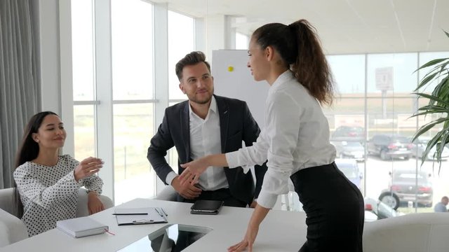 get job in large company, dialog on job with secretary and boss in boardroom, job interview into white and spacious office, female candidate on interview at modern office at slow motion