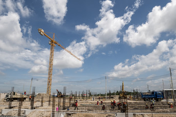  tower crane Construction site with cranes and building with blue sky background