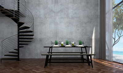 The interior design of dining room and sea view and concrete wall