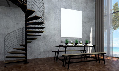 The interior design of dining room and sea view and concrete wall and picture frame