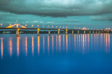 The bridge across the Mekong River between Thailand and Laos at night.