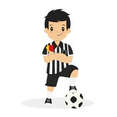 Happy boy wearing soccer referee jersey, with his arm crossed while holding red and yellow card and his left foot on a soccer ball cartoon vector