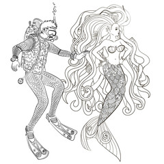 Fototapeta premium Underwater mermaid and diver in zentangle style.