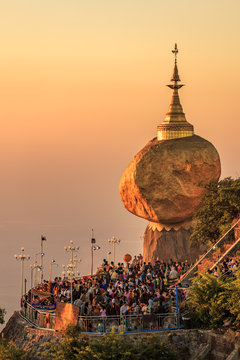 Mon State, Myanmar : Kyaiktiyo pagoda golden rock landmark of Myanmar well-known Buddhist pilgrimage site in Mon State Myanmar style. They are public domain or treasure of Buddhism