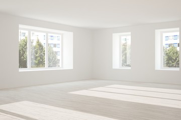 White empty room with summer landscape in window. Scandinavian interior design. 3D illustration