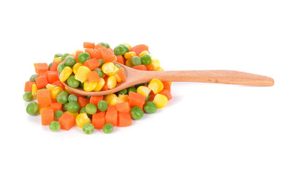 Mix of vegetable containing carrots, peas, and corn on white background
