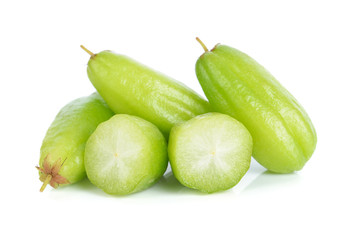 Bilimbi (Averhoa bilimbi Linn.) or cucumber fruit on white background